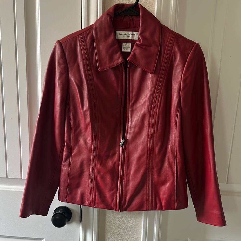 Preston & York Red Leather Moto Jacket with Structured Shoulders
